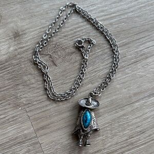 Vintage Sombrero Man Silver Tone Faux Turquoise Pendant